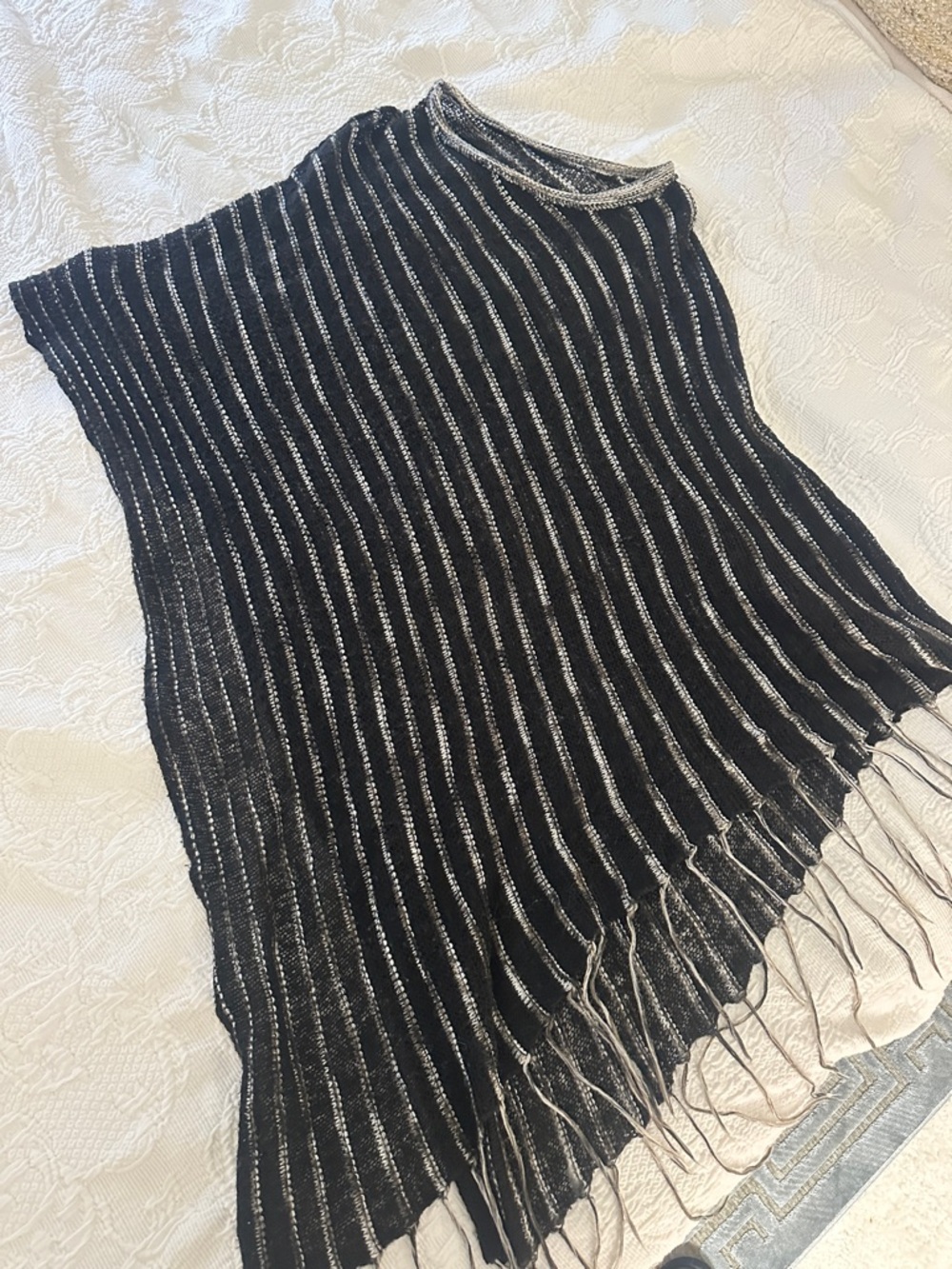 Black Knit Fringe Tank with Metallic Stripes